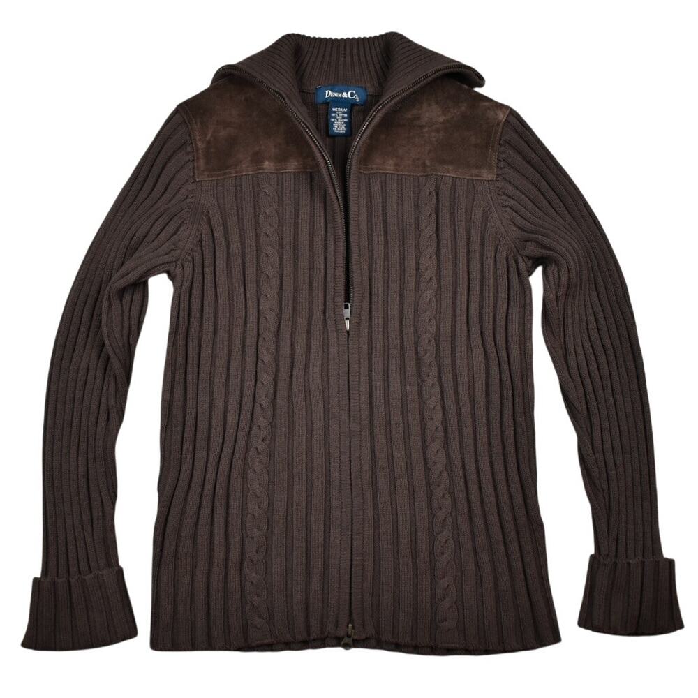 Y2K Vintage Ribbed Cardigan Sweater Women's Medium Brown Cotton Leather Western
